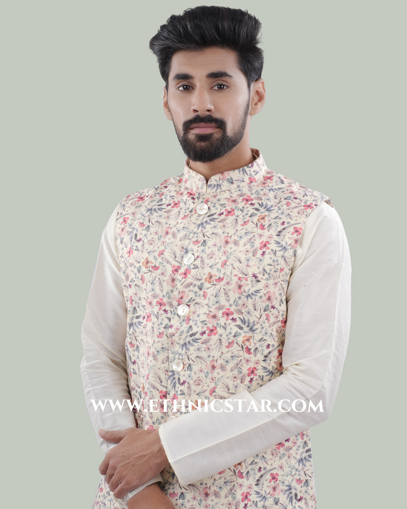 Cotton Silk Floral Printed Nehru Jacket